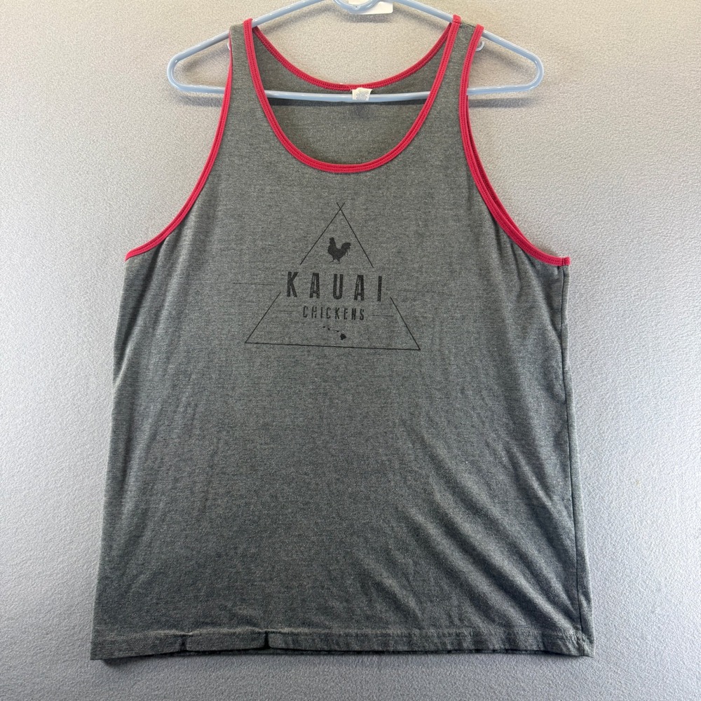 Bella Canvas Kauai Chickens Tank Top‎ Mens Large Gray Red Ringer Hawaii Souvenir